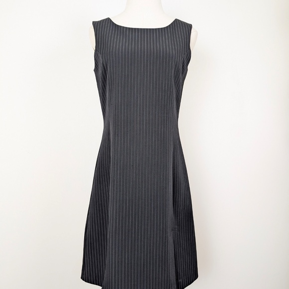 90s Pinstripe Mini Dress Short Thigh Length High Neckline Pleated Fitted Stripes - Picture 8 of 14